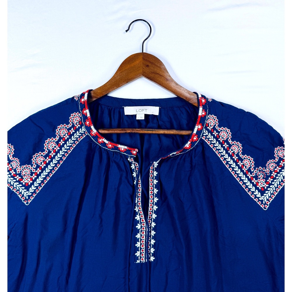 LOFT Navy Blue Embroidered Peasant Tunic with Red and White Accents